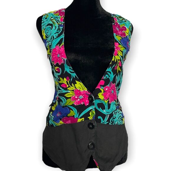Atlast Studio Vest Women's Medium Multicolor Floral Print Boho Beaded Lace VTG - Picture 4 of 10
